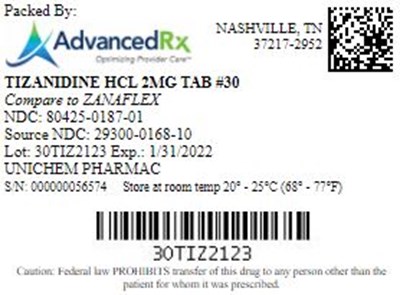 Tizanidine #30 - Tizanidine HCL 2mg Tab Qty 30 NDC 80425 0187